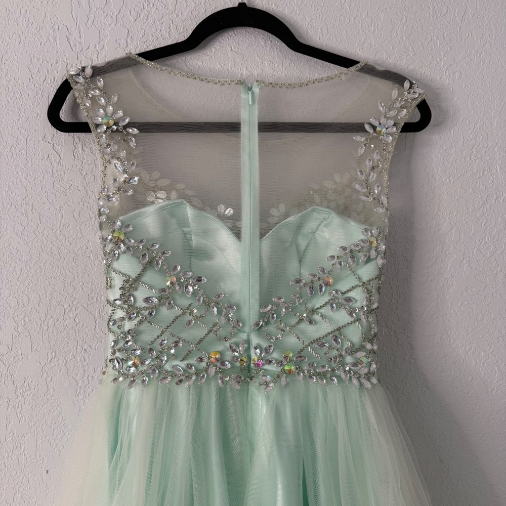 Clarisse Mint Beaded Homecoming Dress Size 2 Illusion Neck Rhinestone Fit Flare - Picture 12 of 14